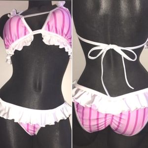Barbiecore Pink & White bikini w/ruffle handmade NWOT sm. Dragon Maid inspired